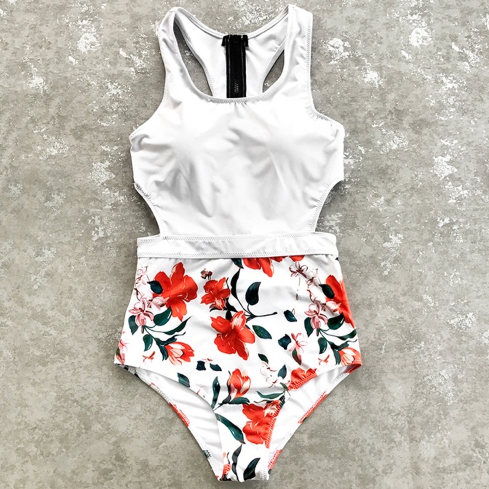 Floral Cutout Zipper One Piece Monokini Swimsuit - Picture 4 of 6